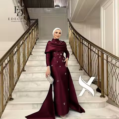 EDECPBM Elegant Luxury Evening Dresses 2024 Satin Women Evening Dress Woman Customized Blue Round Collar Tail Prom Dresses 2025