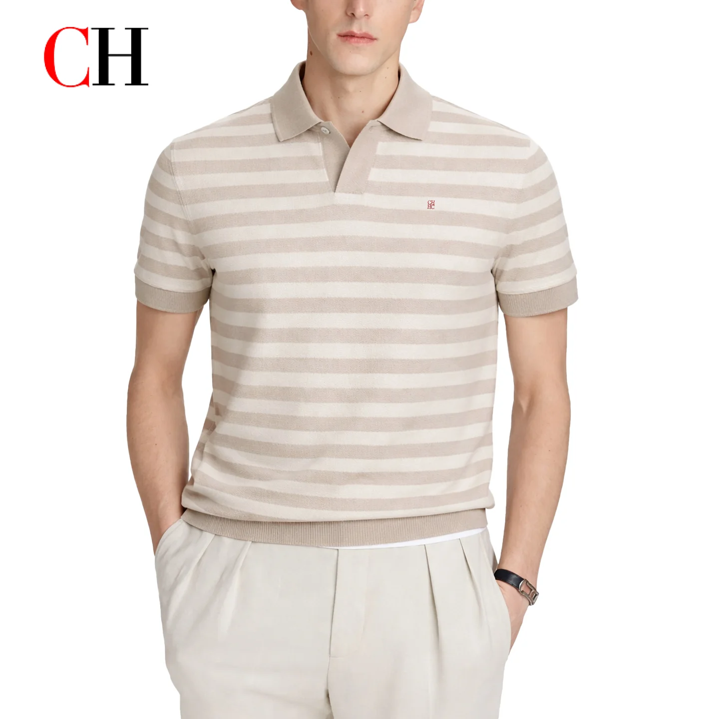 CH Men Two Tone Striped Short Sleeve Polo Shirt Distinct Tiny Brand Embroidery Left Chest Minimalist Golf Vacation Commute Wear