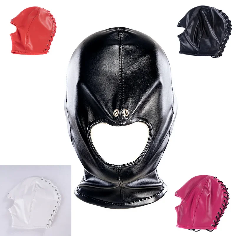 

PU Leather Fetish Open Mouth Head Hood Sexy Cosplay Face Mask for Women Men Party Roleplay Games Halloween Exotic Costume