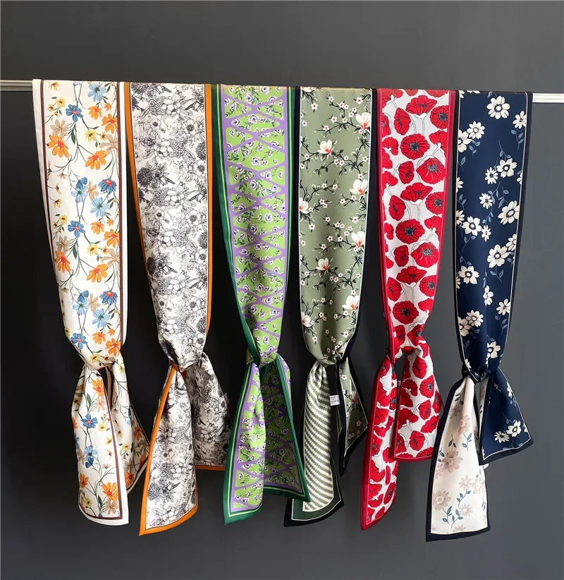 

Fashion Floral Print Silk Scarf Women Thin Neck Long Scarves Narrow Office Lady Shawl Bandanas Female Skinny Hairbands