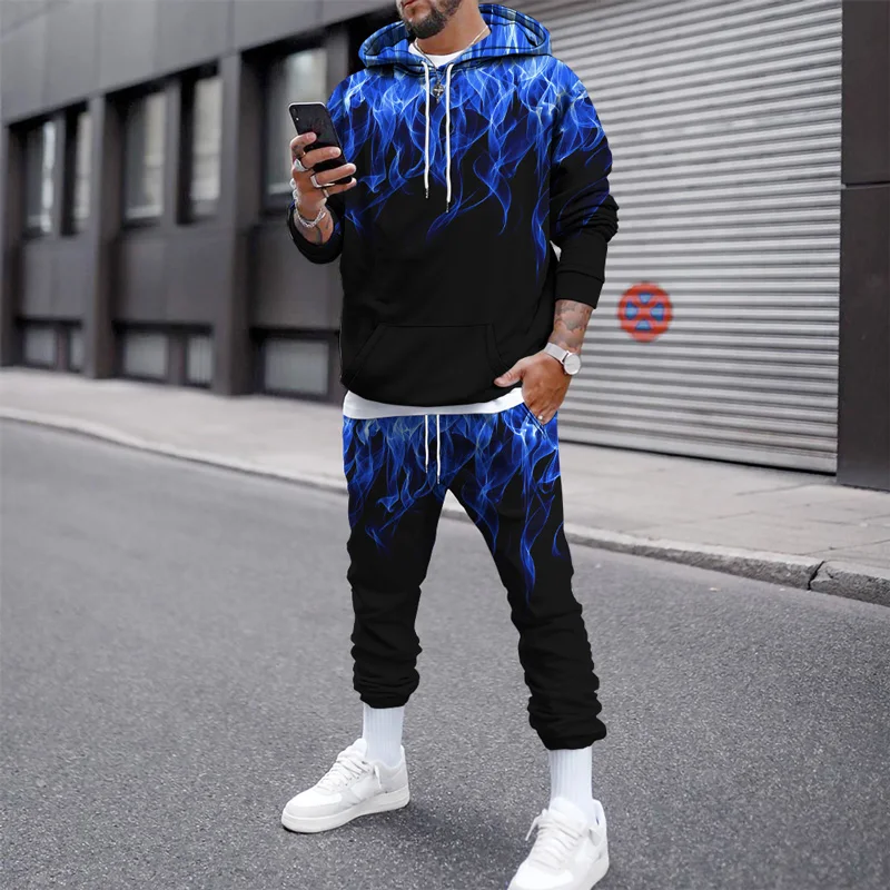 Fiamme colorate stampa 3D felpa con cappuccio tuta autunno moda uomo felpa con cappuccio 2 pezzi Set Street Pullover maschile Casual tuta con cappuccio Set