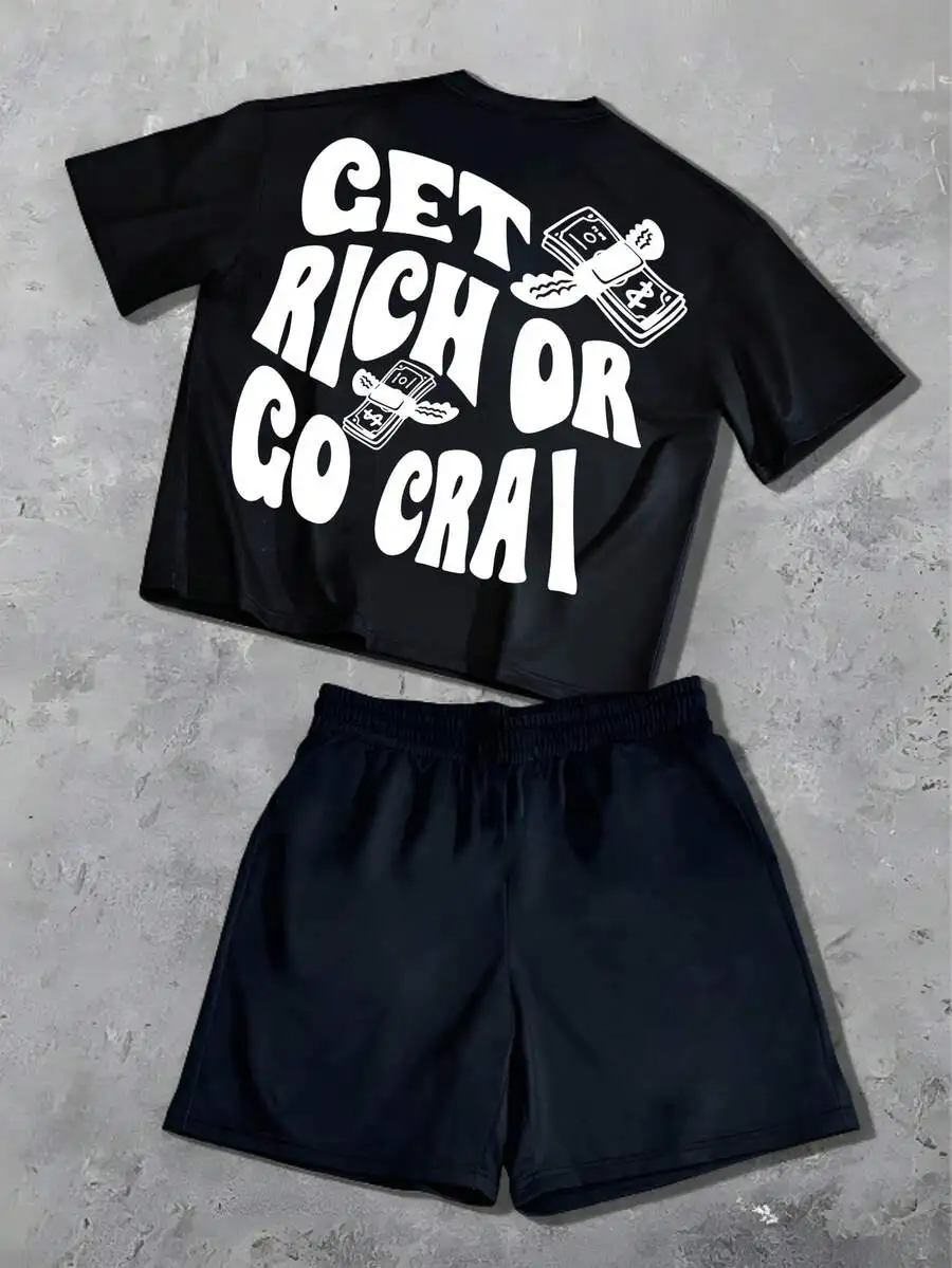 

Mens Cotton Graphic Print T-Shirt And Shorts Set Casual Streetwear Loose Fit