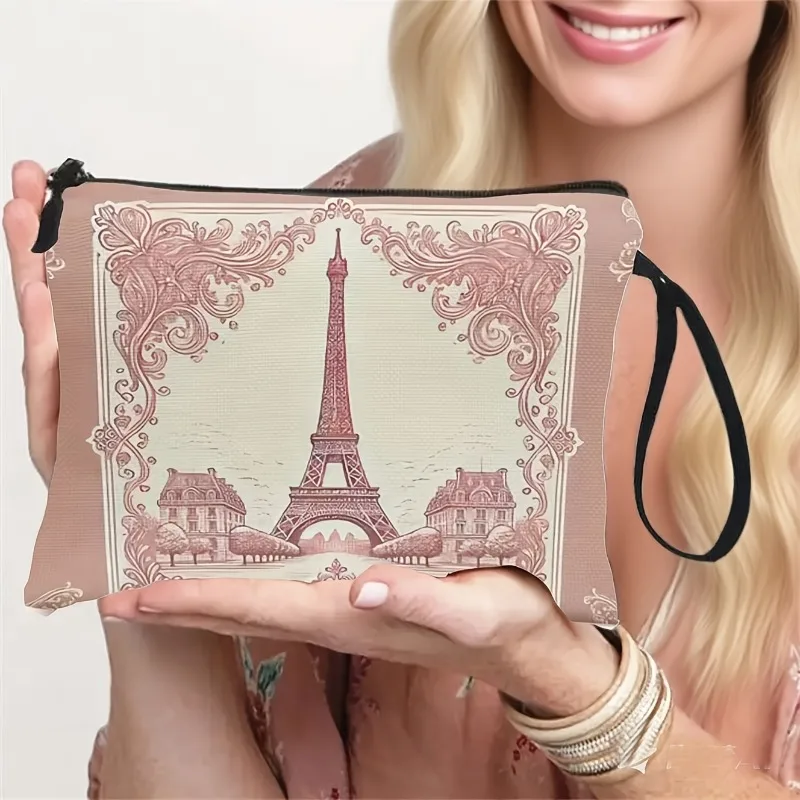 Women' Pink Paris-Themed Makeup & Toiletry Organizer - Lightweight Travel Bag with Zipper Closure, Top Handle & for Girls, Daily