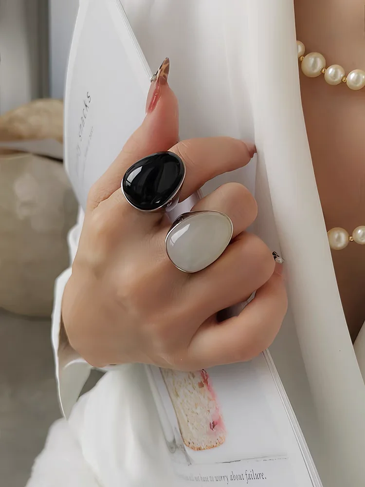 Brass Natural Stone Egg Charm Solid Rings Women  Jewelry Punk Designer Club Cocktail  Party Boho Japan Korean image 5