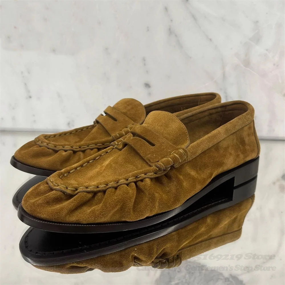 Retro British Pointed Loafers for Men Suede One Foot Lazy Single Shoes Brown Penny Casual Leather Shoes Male Flat Comfort Shoes