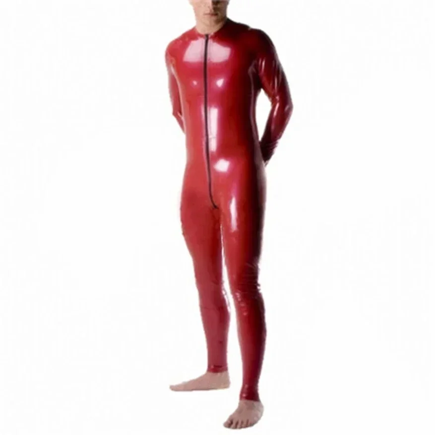 

Dark Red Latex Gummi Man Catsuit Goma Rubber Jumpsuit Front Zip Handmade Bodysuit