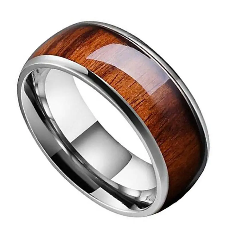 UilzStainless Steel Wood Grain Inlaid Rings For Men Retro Titanium Steel Atmospheric Ring Jewelry Boyfriend Gifts Accessories