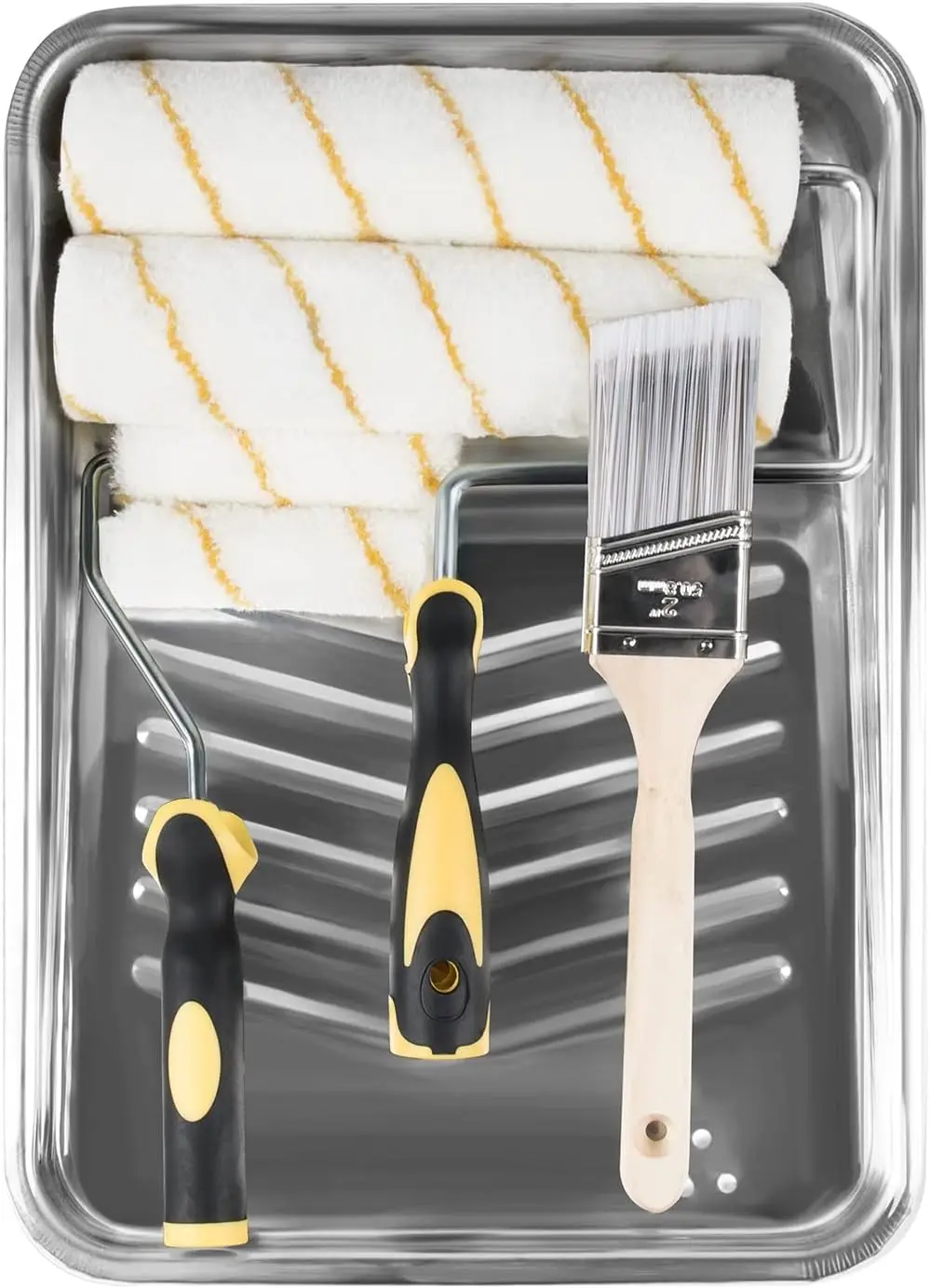 

9-Piece Paint Roller Kit with Metal Tray, 4 & 9 Inch Rollers, Cover, Frame & Brush for Wall Painting and Home DIY