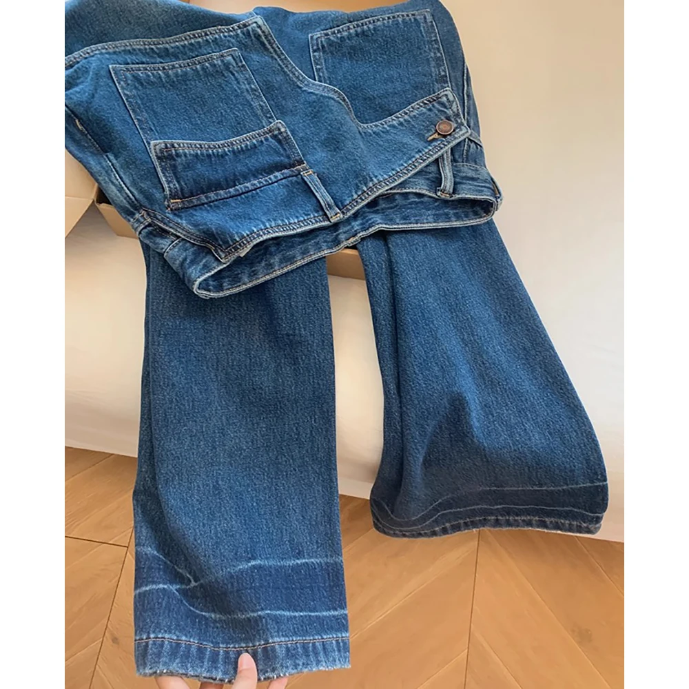 Nep tweedelige donkerblauwe jeans dames Amerikaanse stijl hoge taille smalle denim broek met rechte pijpen Designer Lady losse volledige broek
