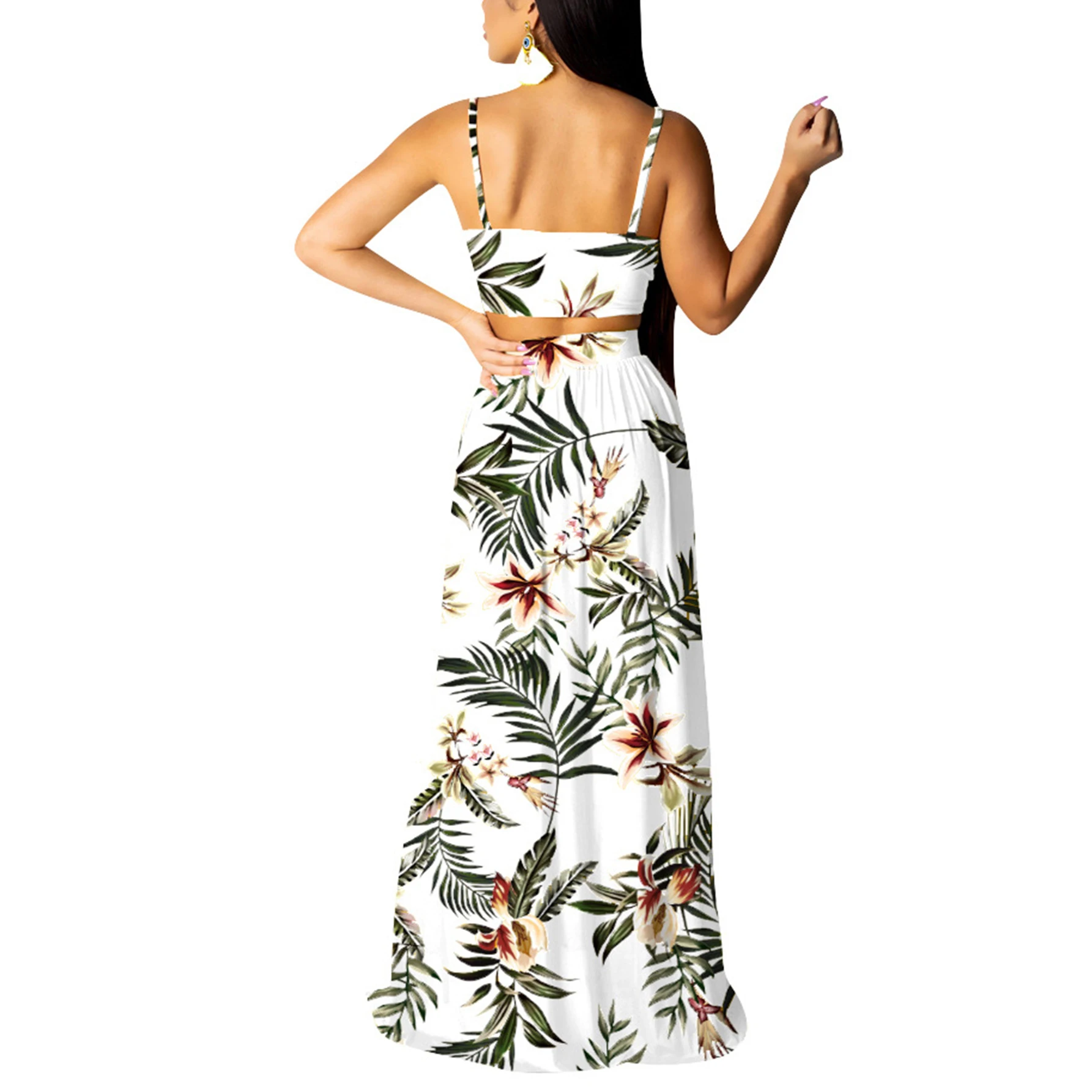 Women\'s Bohemian floral print V-neck two-piece top and split beach party dress