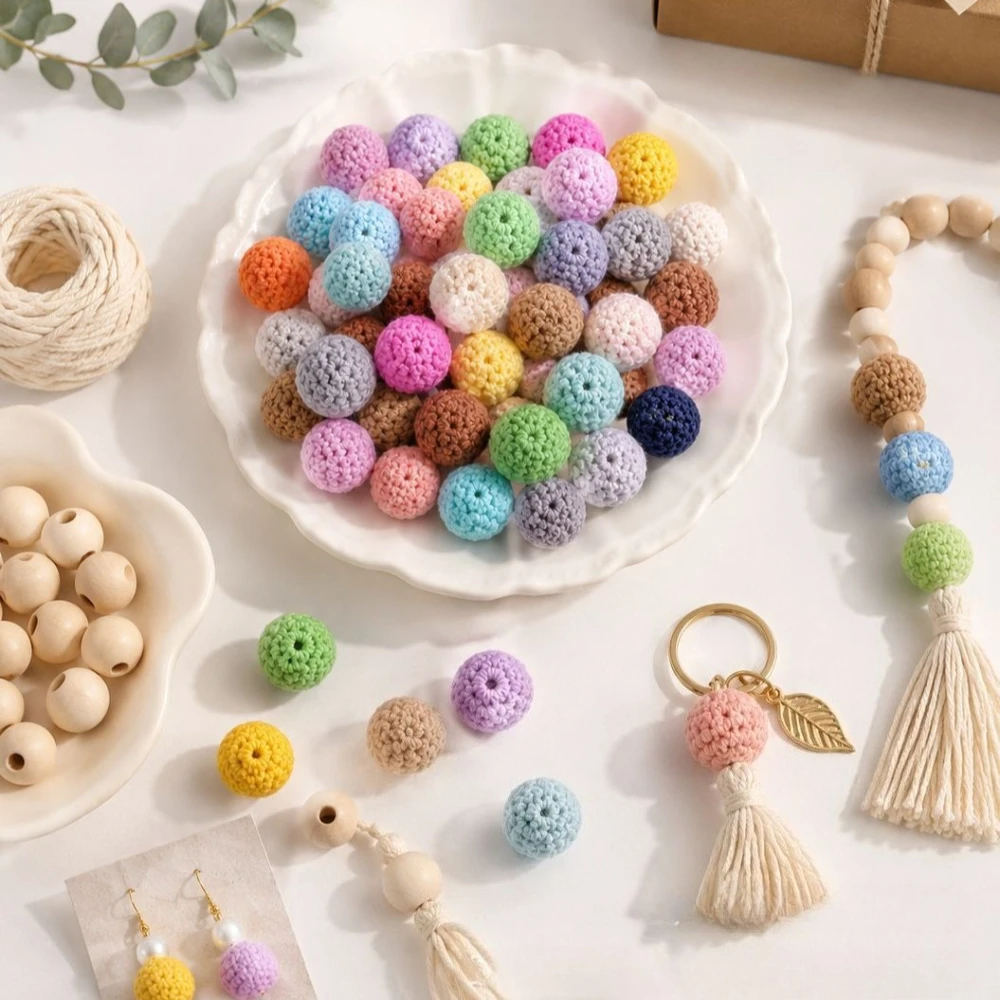 10/20/30pcs 16mm Handmade Crochet Round Wooden Beads Baby Teething Toy Jewelry Making DIY Necklace Bracelet Jewelry Accessories
