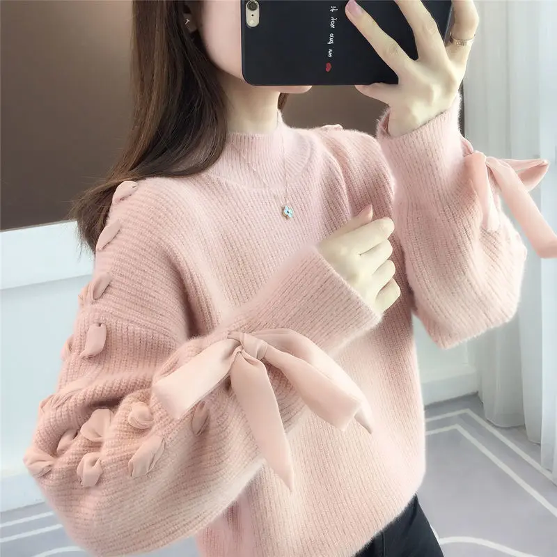 Autumn Winter Half High Collar Bow Lace Up Loose Casual Sweater Ladies Solid Color All-match Knitting Jumper Top Women Pullover