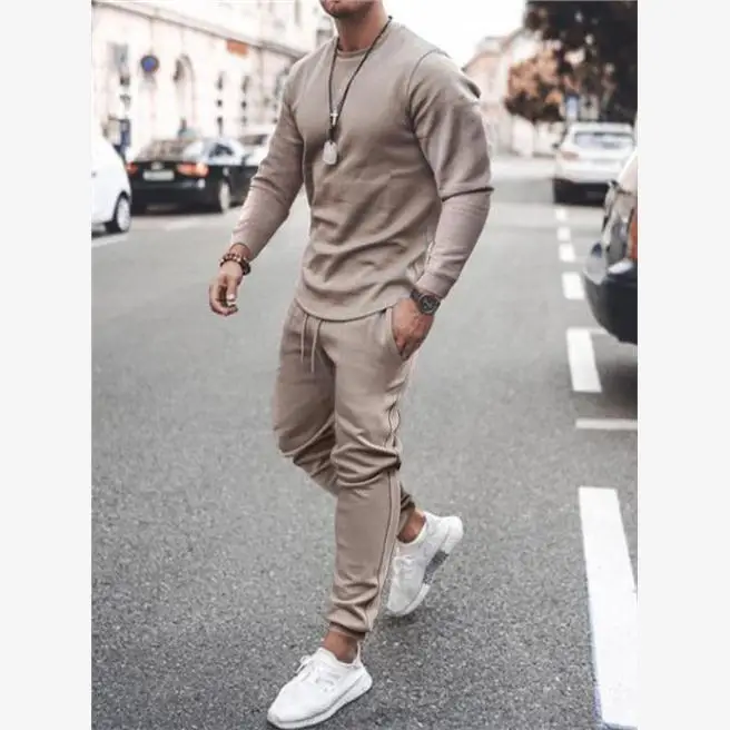 

Men's Casual Sportswear Set Long Sve T-irt And Long Pants Two-Piece Suite Pure Color Trendy Autumn Winter Cross-Border S...
