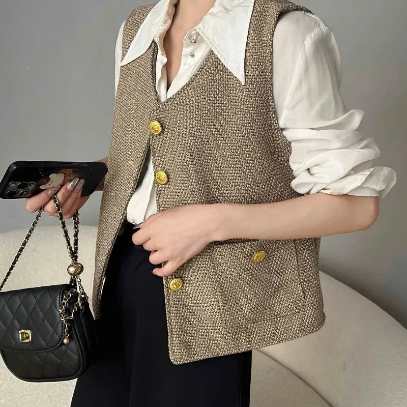 Women's Brown Tweed Sleeveless Vest Gold Button Stand Collar Waistcoat for Casual Wear