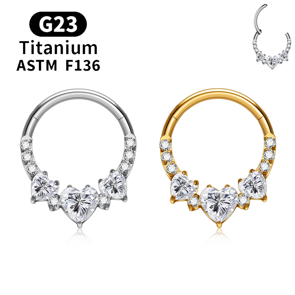 

ASTM F136 Titanium CZ Heart 16G Hinged Septum Clicker Nose Ring Daith Earring Hoop Tragus Cartilage Helix Conch Piercing Jewelry