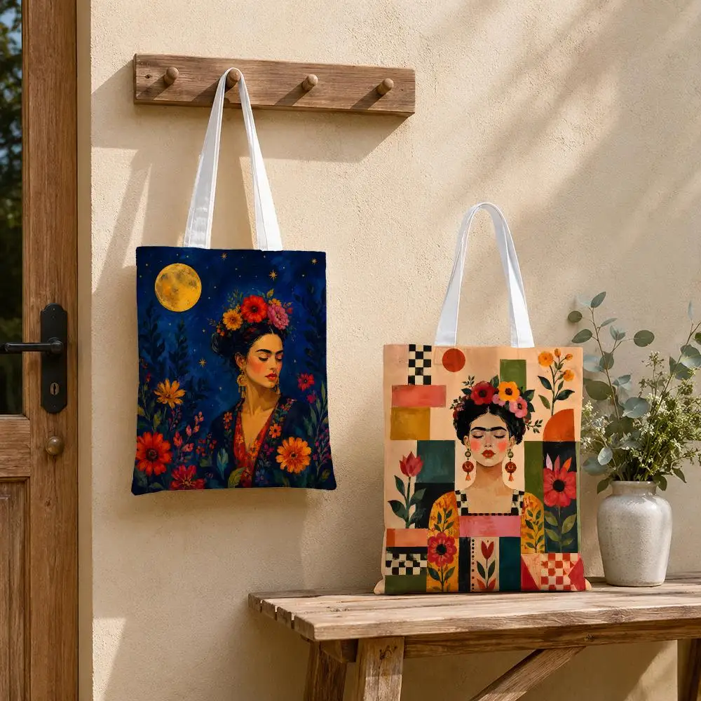Mexican Folk Art Floral Portrait Storage Bags Tote Bag Reusable Shoulder Shopping Foldable For School Work Travel Daily Use