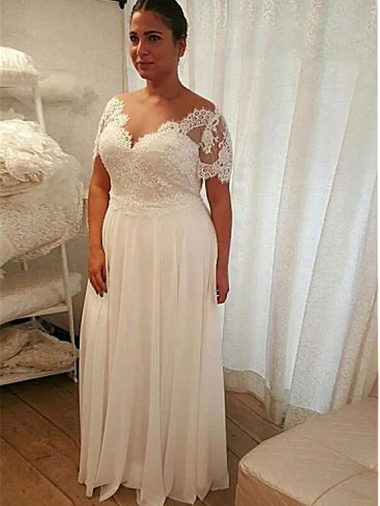 Plus Size Chiffon Wedding Dresses Short Sleeves Pleated Appliques V-neck Floor Lenght Bridal Gowns Formal Vestidso De Mariee