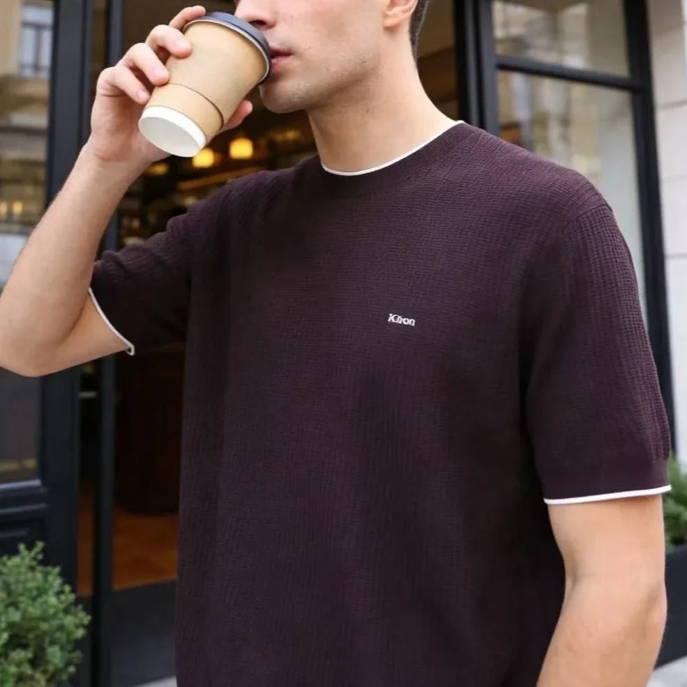 Kiton 26 men's light luxury simple round neck with thin white contrasting color hemming design knitted short-sleeved T-shirt