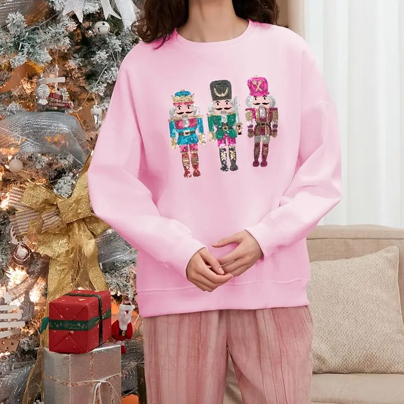 Chic Christmas Womens Sweatshirt Sequin Funny Nutcracker Sweatshirt Cute Crewneck Y2k Retro Vintage Pullover Top Winter Clothes