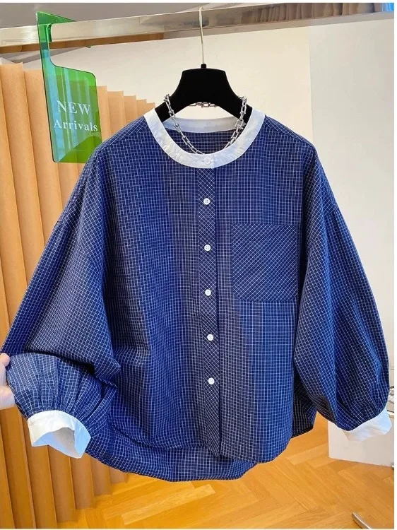 

Loose Long Sve round Ne Plaid irt Korean Sle Agel Brand End-of-Line Women's Faion Early Autumn New Loose Person...