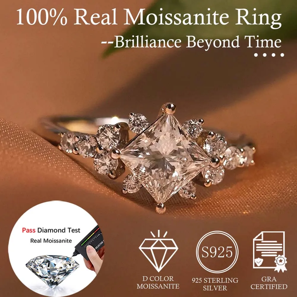 MUXIFC Princess Cut Moissanite Rings for Women 925 Sterling Silver Plated 18K Gold Wedding Band GRA Certified Fine Jewelry Gifts