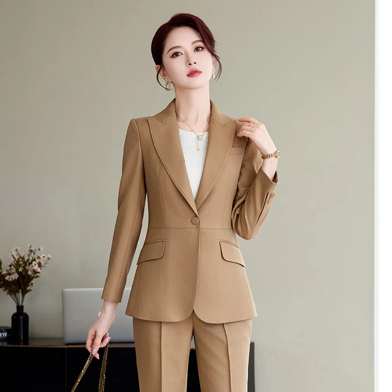 

2025Весенний профессиональный элитный костюм цвета хаки, повседневный модный комплект с широкими брюками, деловой костюм, комплект из двух предметов