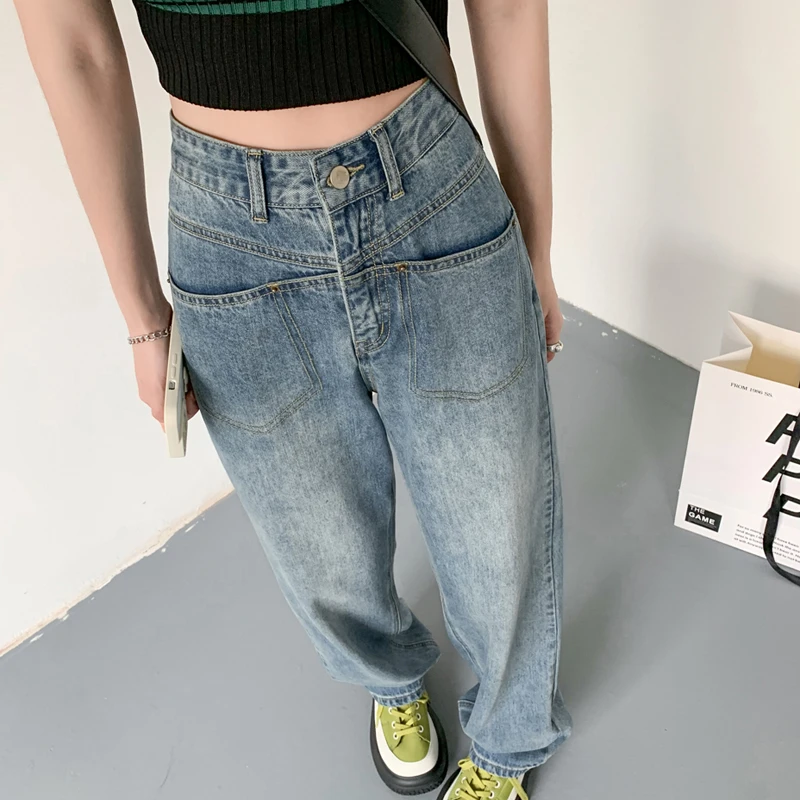 Jean Baggy Pants for Women Pockets High Waisted Straight Wide Leg Pant Women's Denim 2023 New Fashion Loose MomTrousers