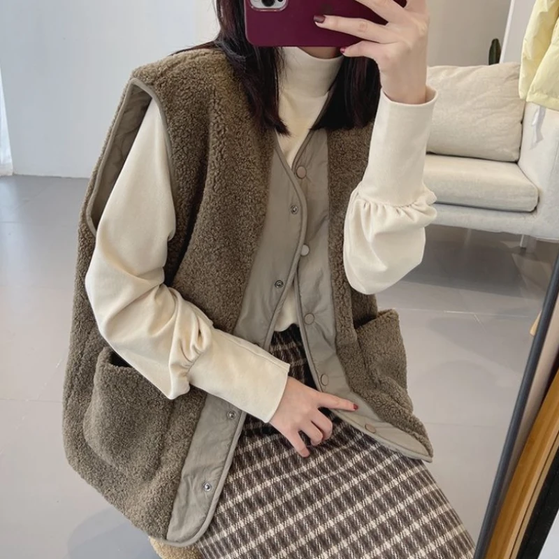 Lambswool Vests Spring Autumn Two Sides Wear Solid Loose All-match Soft Sleeveless Outerwear Stylish Casual Simple Korean Style