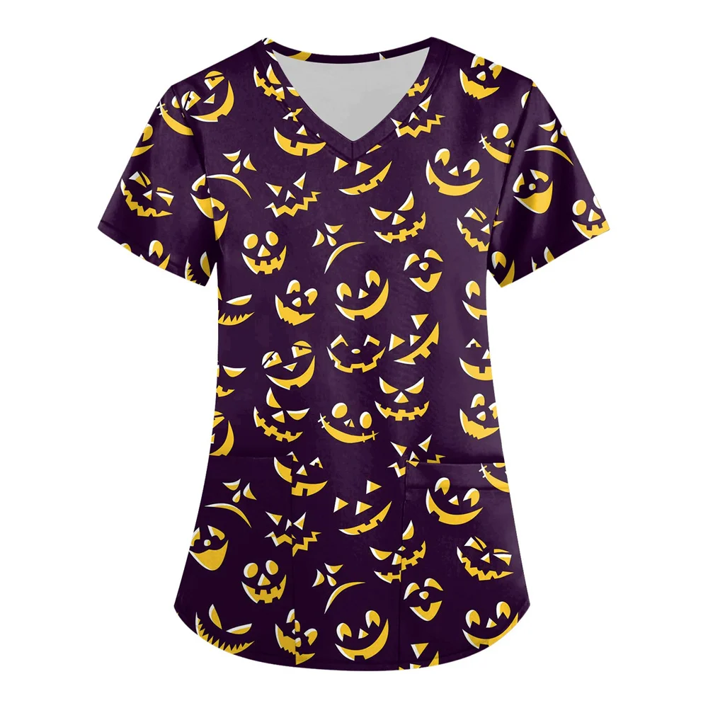 ハロウィン レディース Tシャツ Vネック 女性用作業服 新しいパンプキン 3D プリント ナースユニフォーム、パンプキンブラウス、ポケットワークウェア