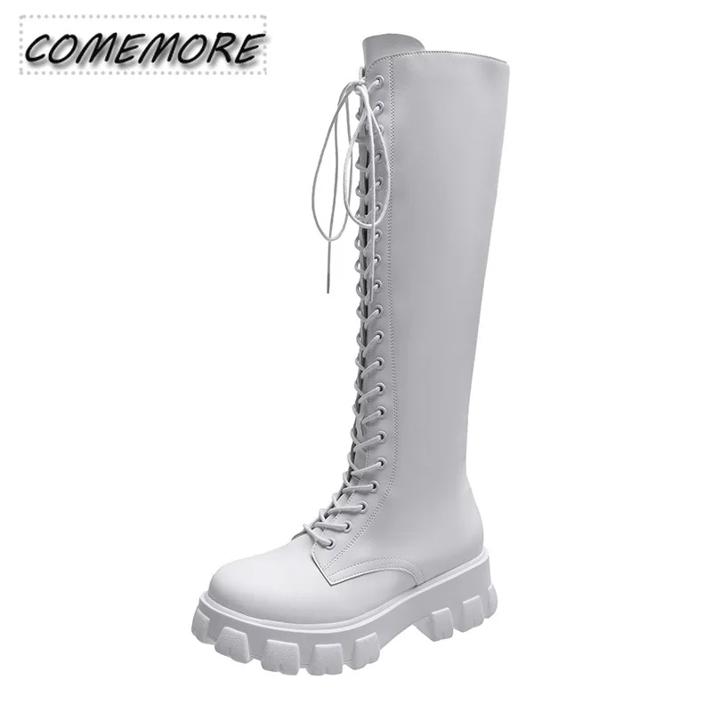 2024 New Thicken Winter Knight Boots Women Knee High Long Square Heel Retro Lace Up Motorcycle Boots Black White Botas Mujer 43