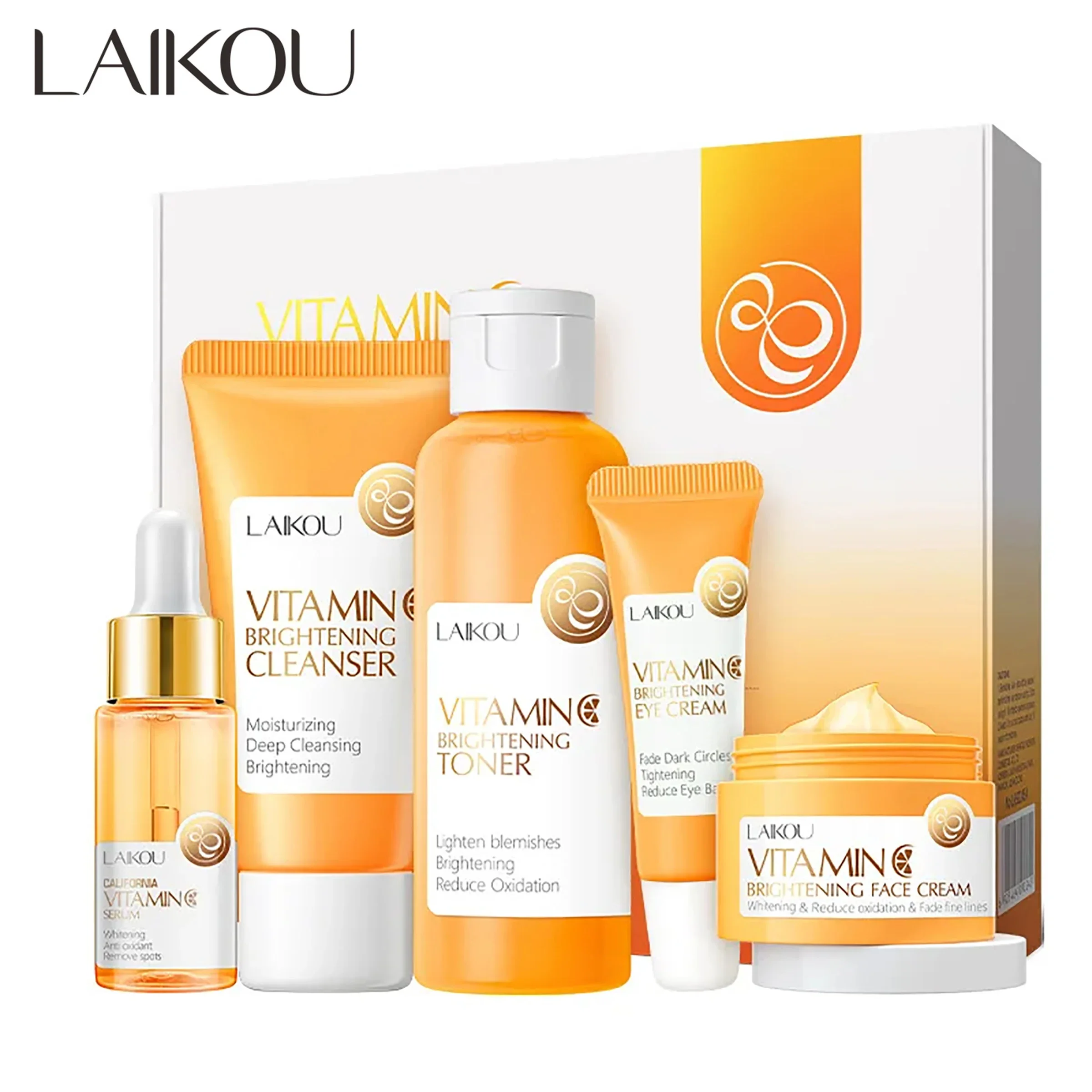 Kit de cuidado de la piel con vitamina C, 5 unidades (suero limpiador, suero para ojos, crema facial), nutre suavemente la piel y un tono uniforme de la piel