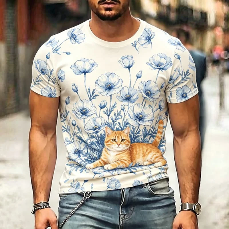 Men's floral and cute cat printed T-shirt, for cat lovers, creating a daily street style and fun soft light color atmosphere
