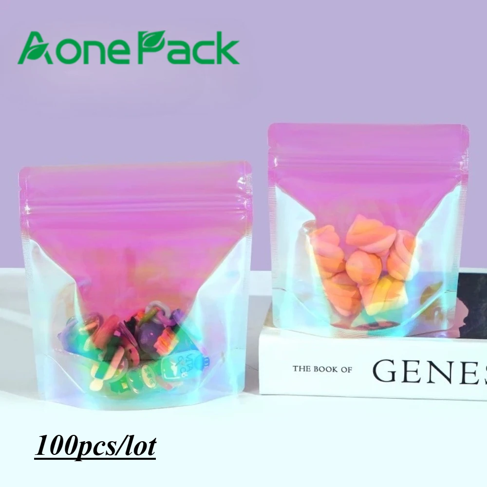 

100pcs Resealable Rainbow Laser Film Printed Mylar Bag Ziplock Food Plastic Storage Bag for Jewelry Accessories Snack Packaging