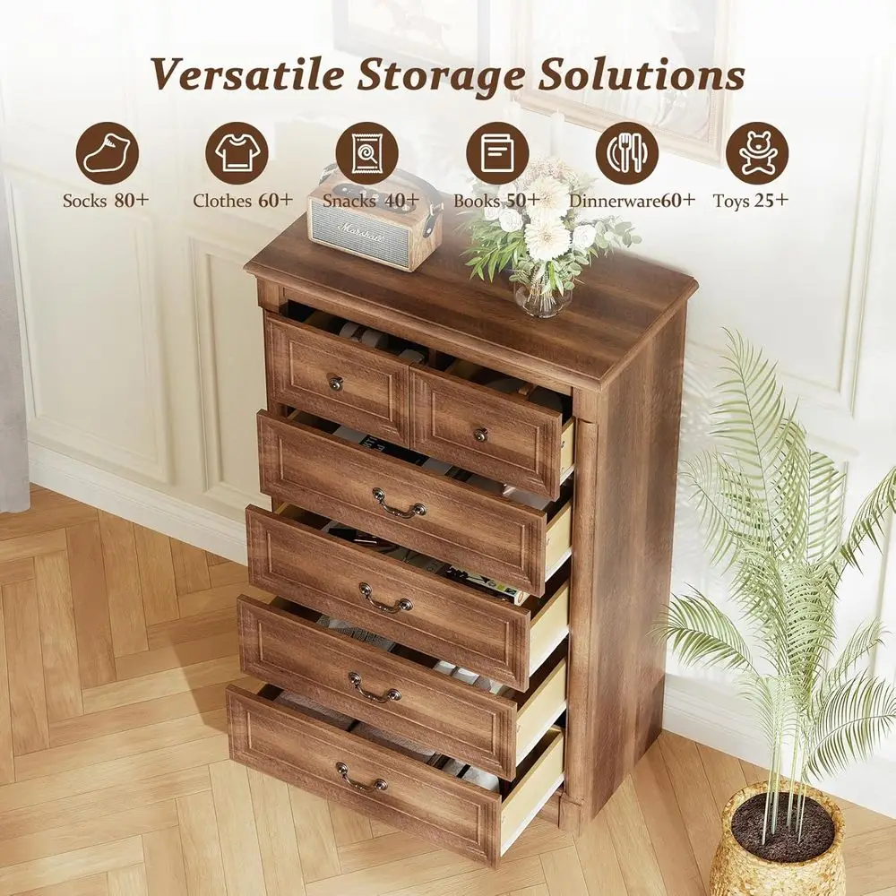 6-Drawer Rustic Wood Chest with Ample Storage for Bedroom or Living Room in Rich Brown Finish