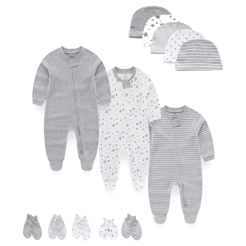 2023 New Born Baby Girl Clothes 2-Way Zipper Romers 0-6M Long Sleeve 100% Cotton Baby Boy Clothes Hats and Mittens Set Bebes