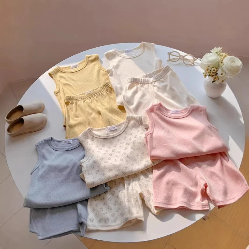 

2026 Summer Hot Selling Cotton Soft Glutinous Strap Tank Top and Same Color Shorts Two Piece Set for Children