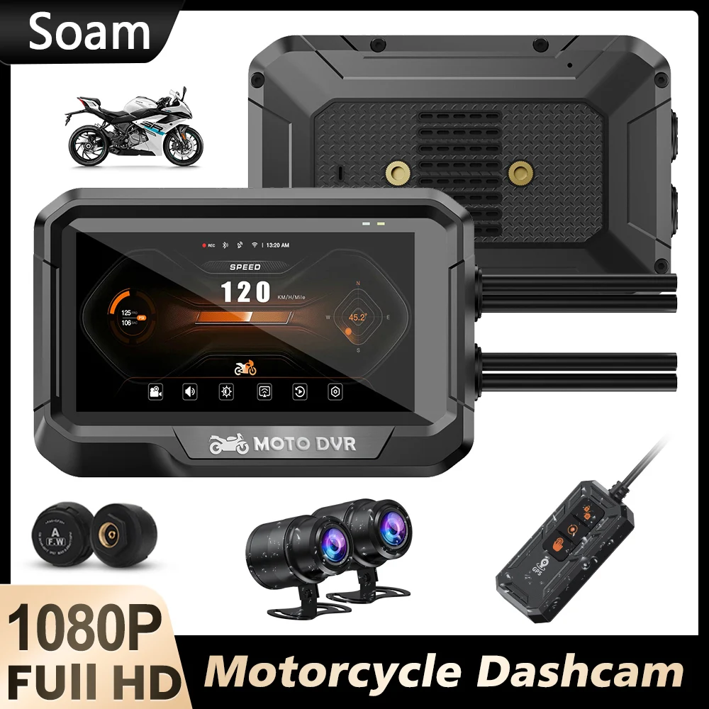 3.4 inch Navigation Motorcycle Waterproof Carplay Display 1080P Dash Cam Front and Rear GPS Wi-Fi 150° Night Vision Parking Mode