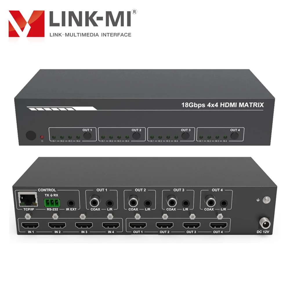 

LINK-MI 4K60Hz 4x4 HDMI Matrix Switcher Support 18Gbps,3D,HDR,ARC,EDID,RS232,TCP/IP,Web GUI Control, with L/R Coaxial Audio