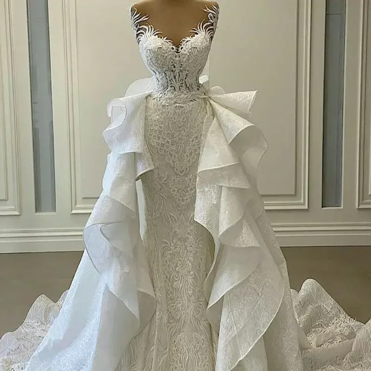 ที่กําหนดเองลูกไม้ Appliques ชุดเดรสเมอร์เมดกับ Ruffles ที่ถอดออกได้รถไฟ Robe De Mariée Real Photo ชุดเจ้าสาว