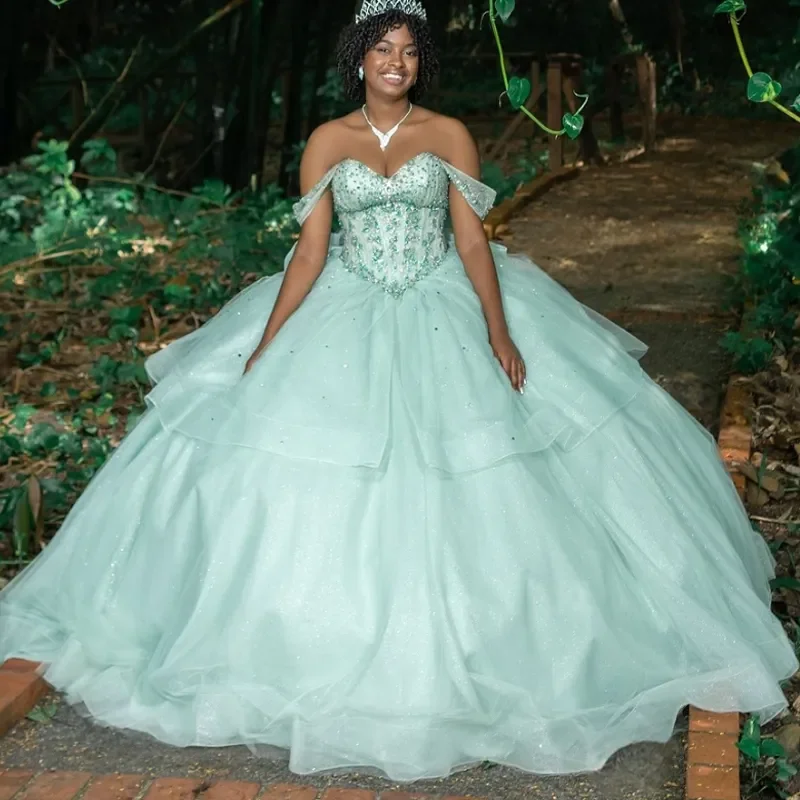 Mint Green Shiny Princess Quinceanera Dresses Beads Crystal Bow Tull Vestidos De 15 Anos Pageant Girls Sweet 16 Customized