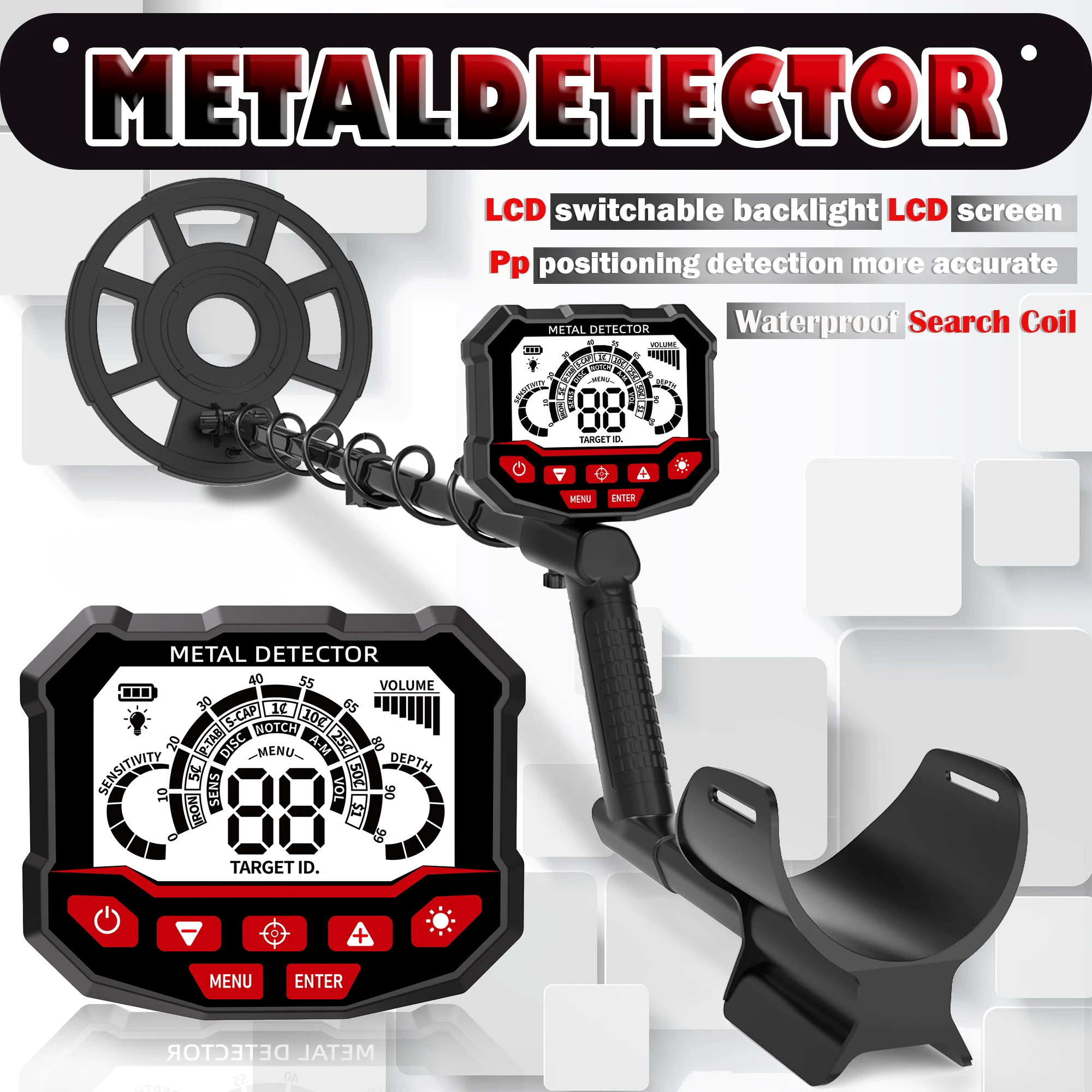 Professional Underground Metal Detector LCD Display Multi-function Operation Adjustable ，Waterproof Coil