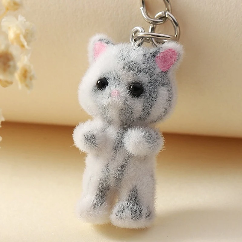 Cute 9.2cm 3D Colorful Cartoon Flocking Cat Keychain Cute Cat Animal Key Ring Souvenir Gifts For Women Men Car Keys DIY Jewelry