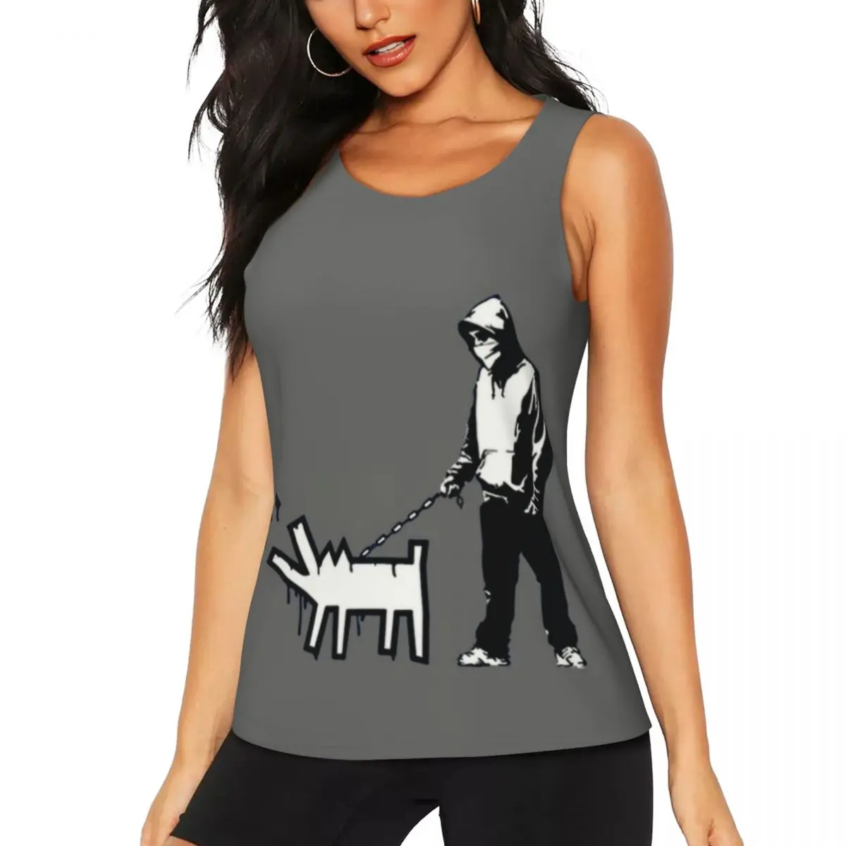 Custom Banksy Thug With A Barking Dog Yoga Tank Tops for Women Street Art Graffiti Workout Gym Sports Shirt