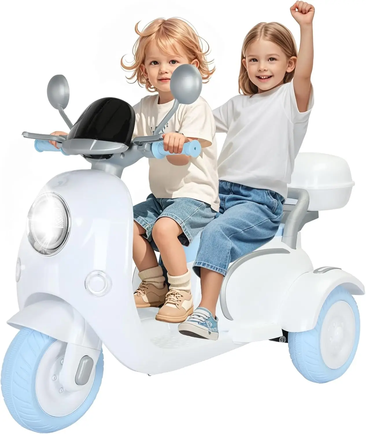 

2 Seater Ride on Motorcycle, 12V Electric Motorcycle for Kids, 3 Wheels Kids Moped with Large Storage Box, Music, Bluetooth, LED