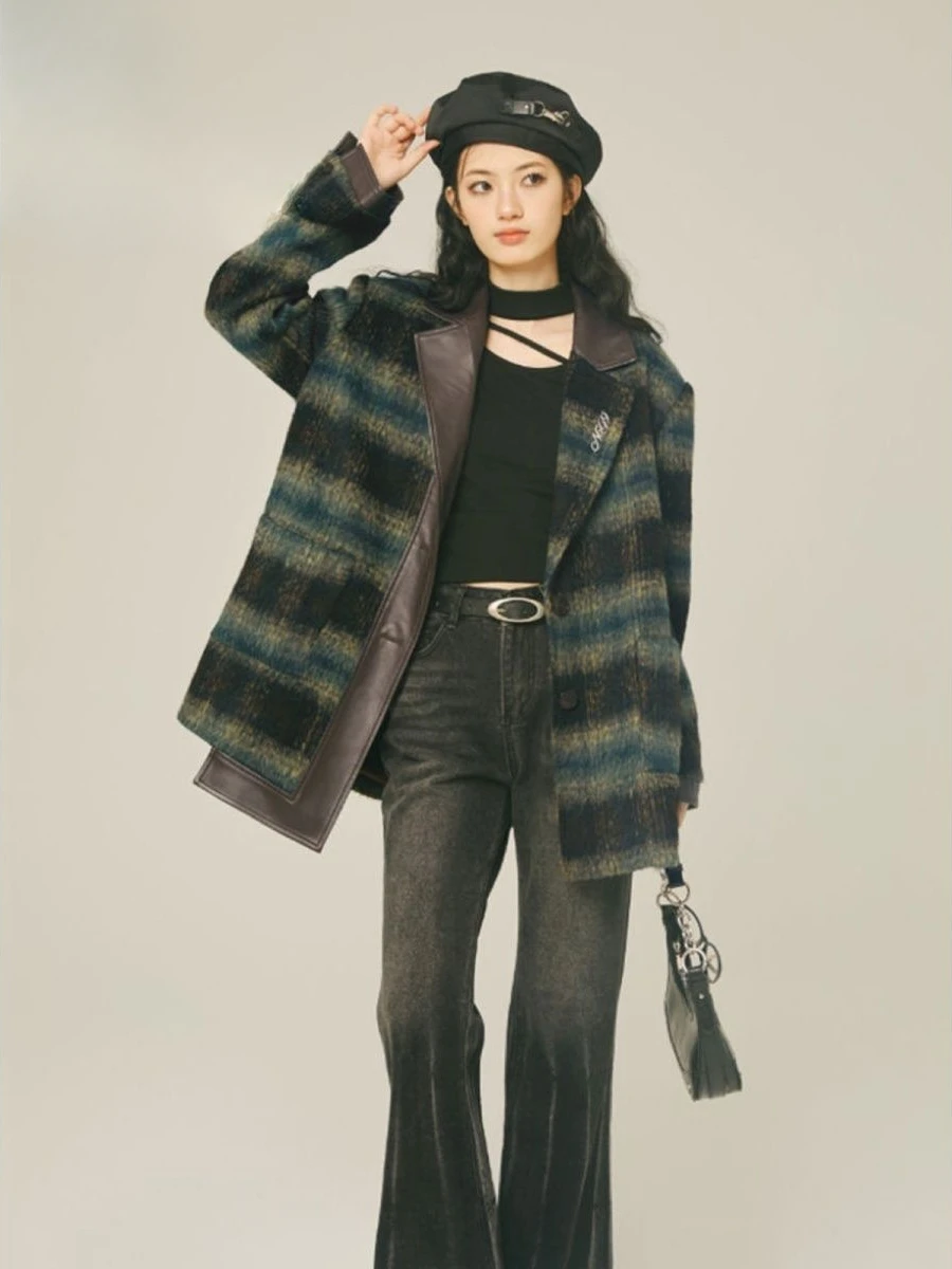 Woolen Coats Women Fashion Streetwear Chic All-match Plaid Elegant Ladies Patchwork Retro Slim Fit Warm Comfortable Trendy Girls