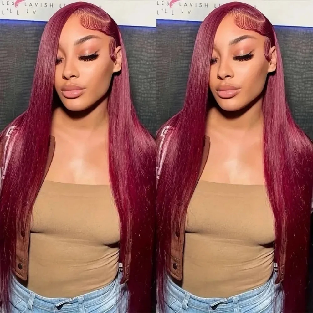 

13×4 Straight Lace Front Human Hair Wigs Burgundy 220 Density Transparent Pre Plucked Red Color Lace Frontal Wigs For Women 99J
