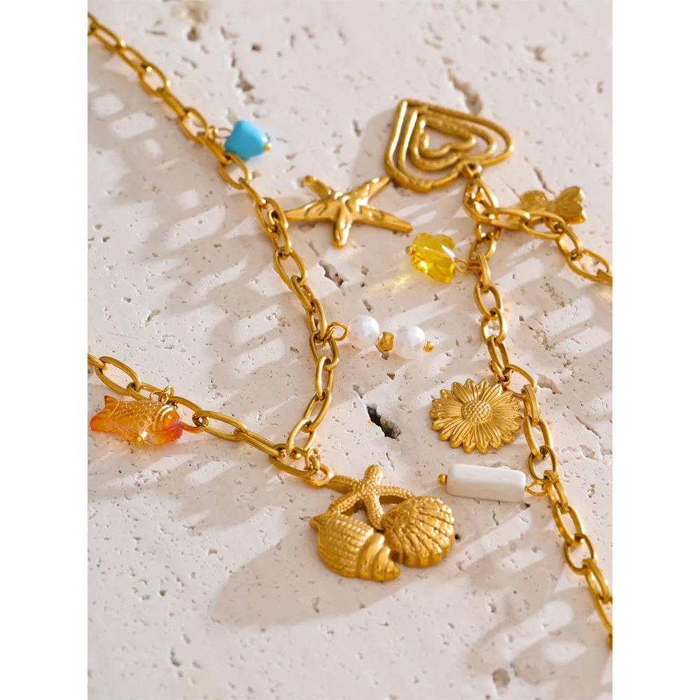 Gold-Plated Ocean Charm Necklace with Pearl Shell and Starfish