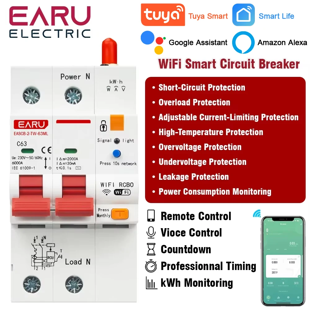 

Tuya WiFi Smart RS485 Metering Leakage Circuit Breaker MCB RCBO AC230V Remote Control Circuit Breaker With Leakage Protection