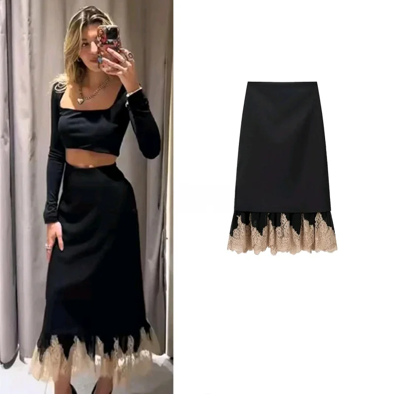 

Summer New Arrival High Waist Midi Skirt Ladies Casual Style Color Block Lace Patchwork Long Straight Cut Polyester Fiber Washed