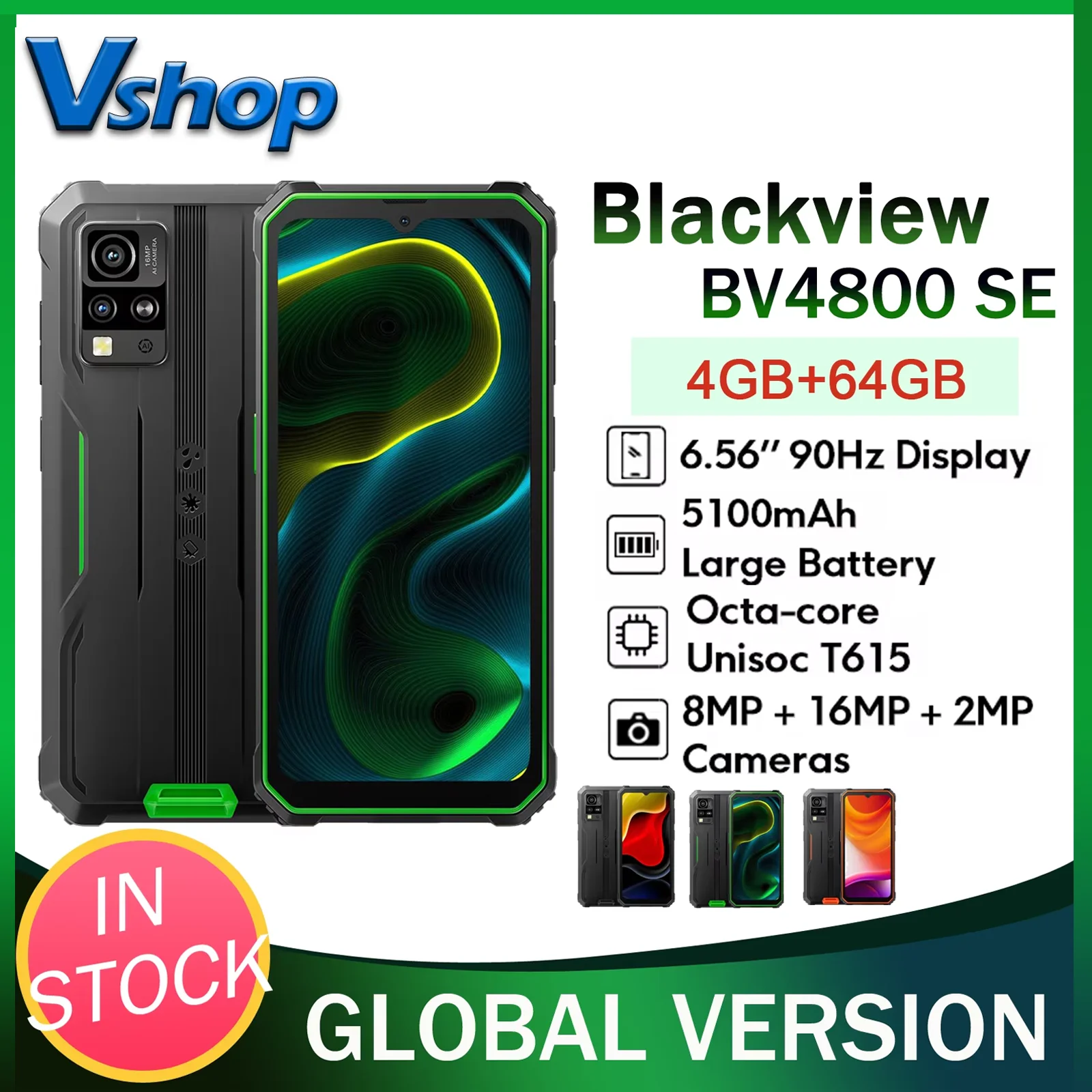 Blackview BV4800 SE teléfono resistente 4GB + 64GB desbloqueo facial Android 15 UMS9320E T615 Octa Core 16MP 5100mAh 4G NFC Smartphone